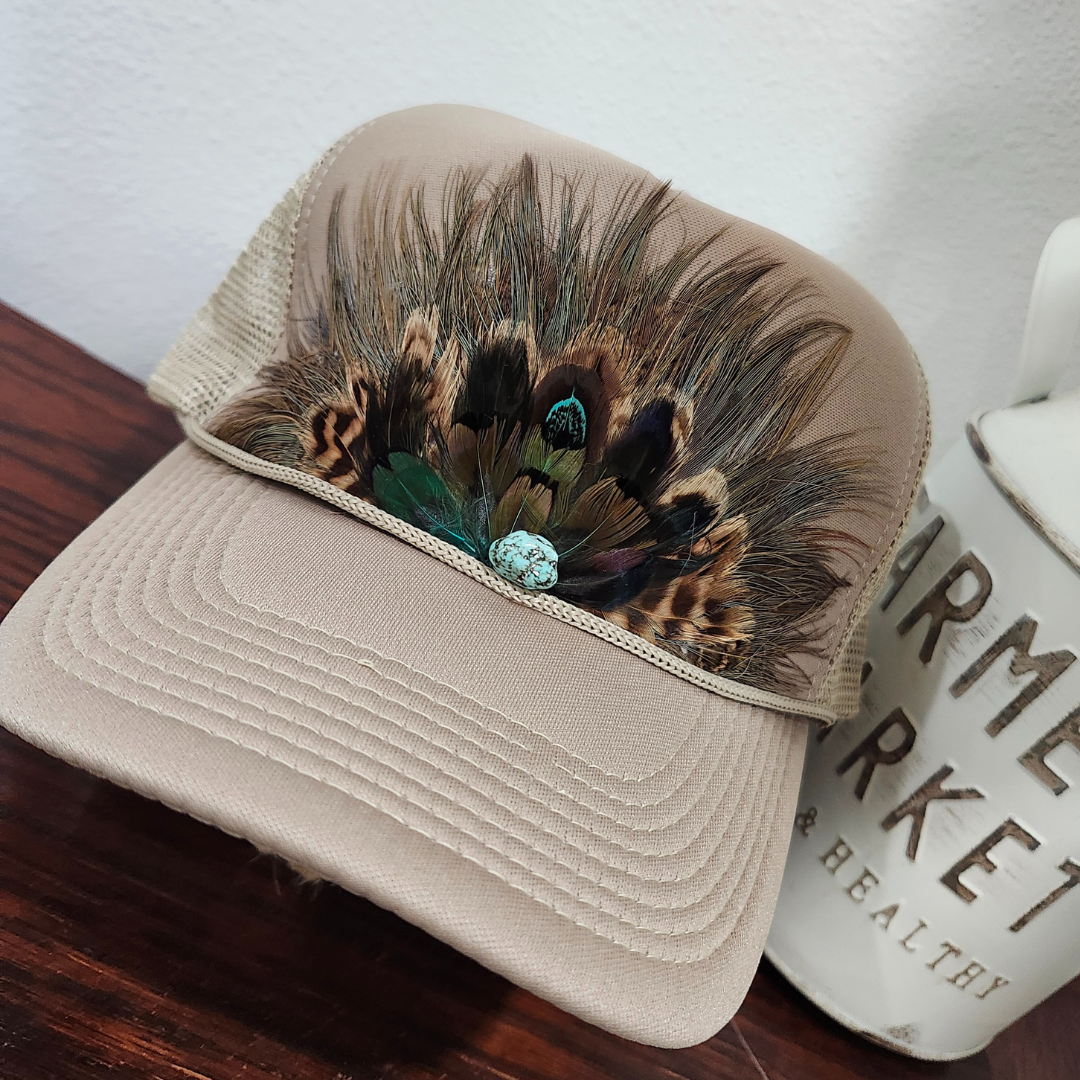Tan Feather Trucker Hat