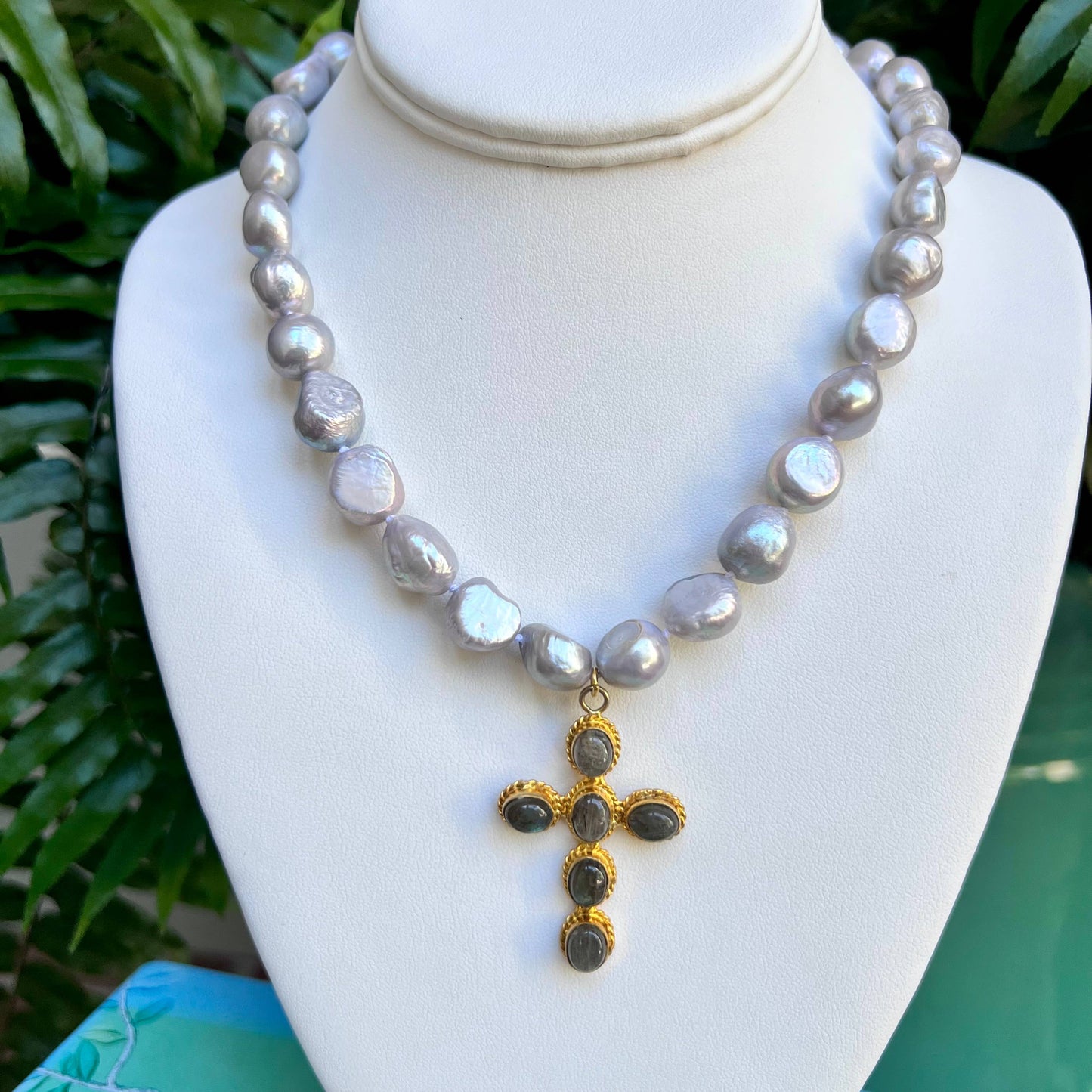 Baroque Pearls + Labradorite Cross Necklace
