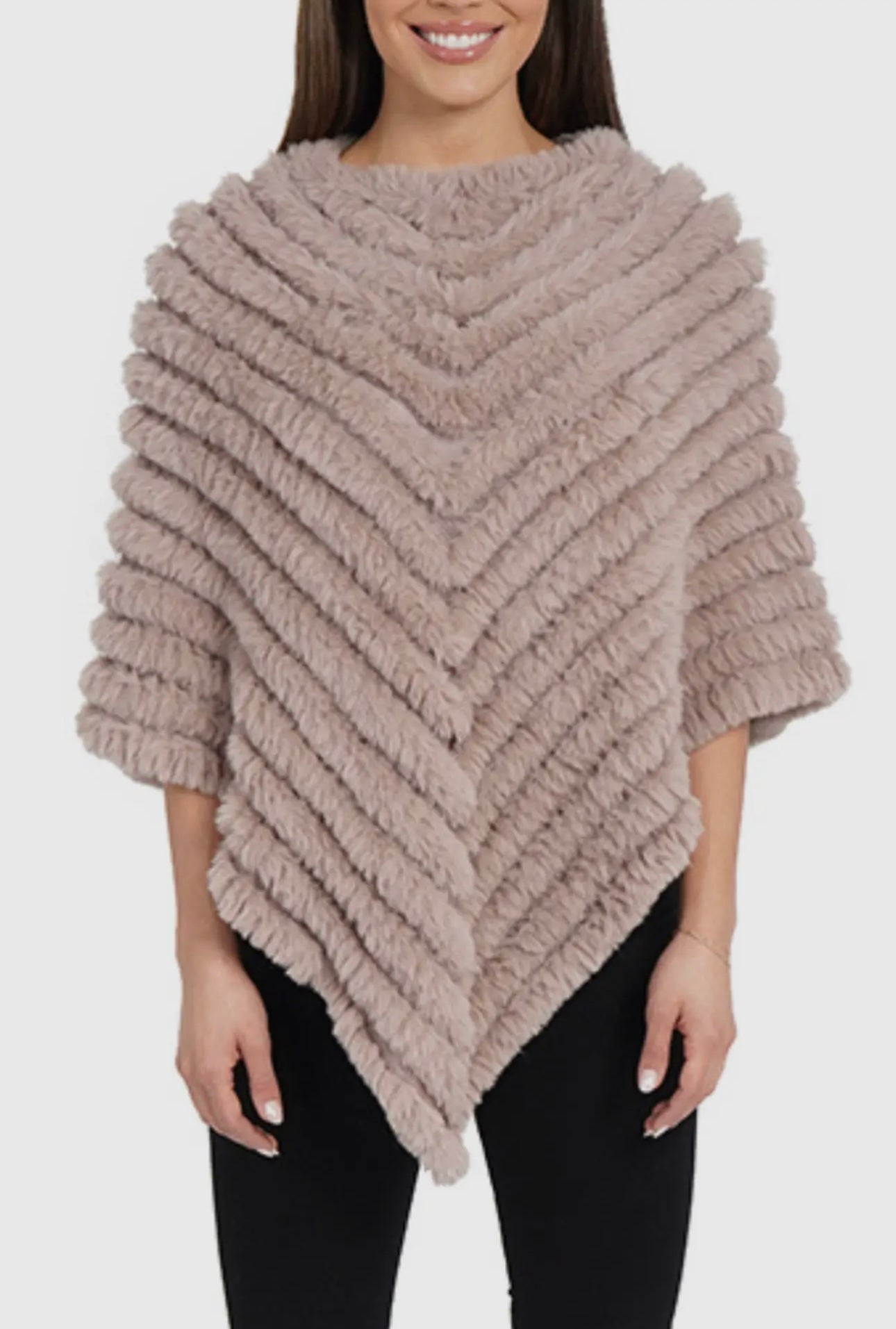 Love Token Chevron Faux-Fur & Knit Poncho Sweater: Taupe