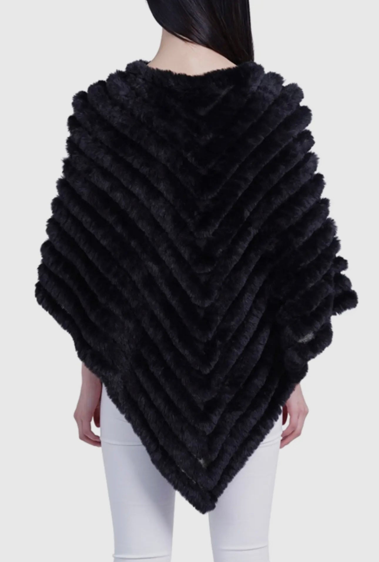 Love Token Chevron Faux-Fur & Knit Poncho Sweater- Black