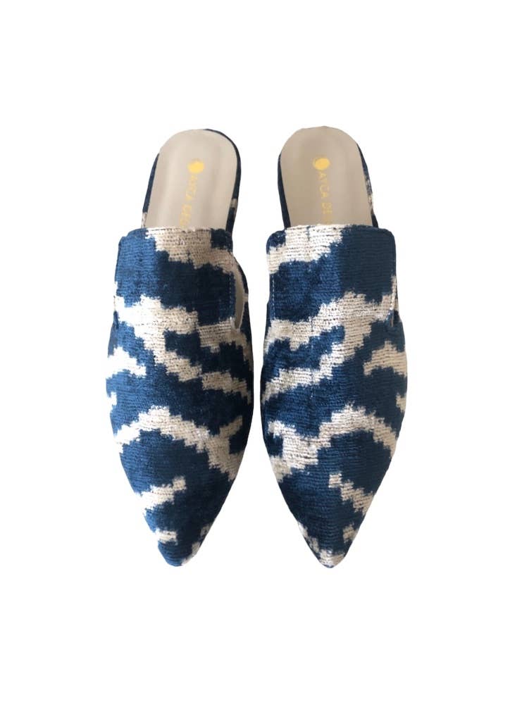 Silk Velvet Ikat Point Toe Slide-Navy