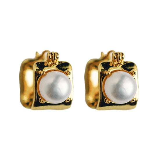 Vintage Mini Square Gold Pearl Huggie Hoop Earrings