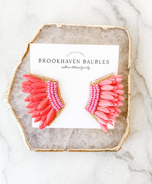 Bright Pink Sequin Wing Beaded Statement Earrings