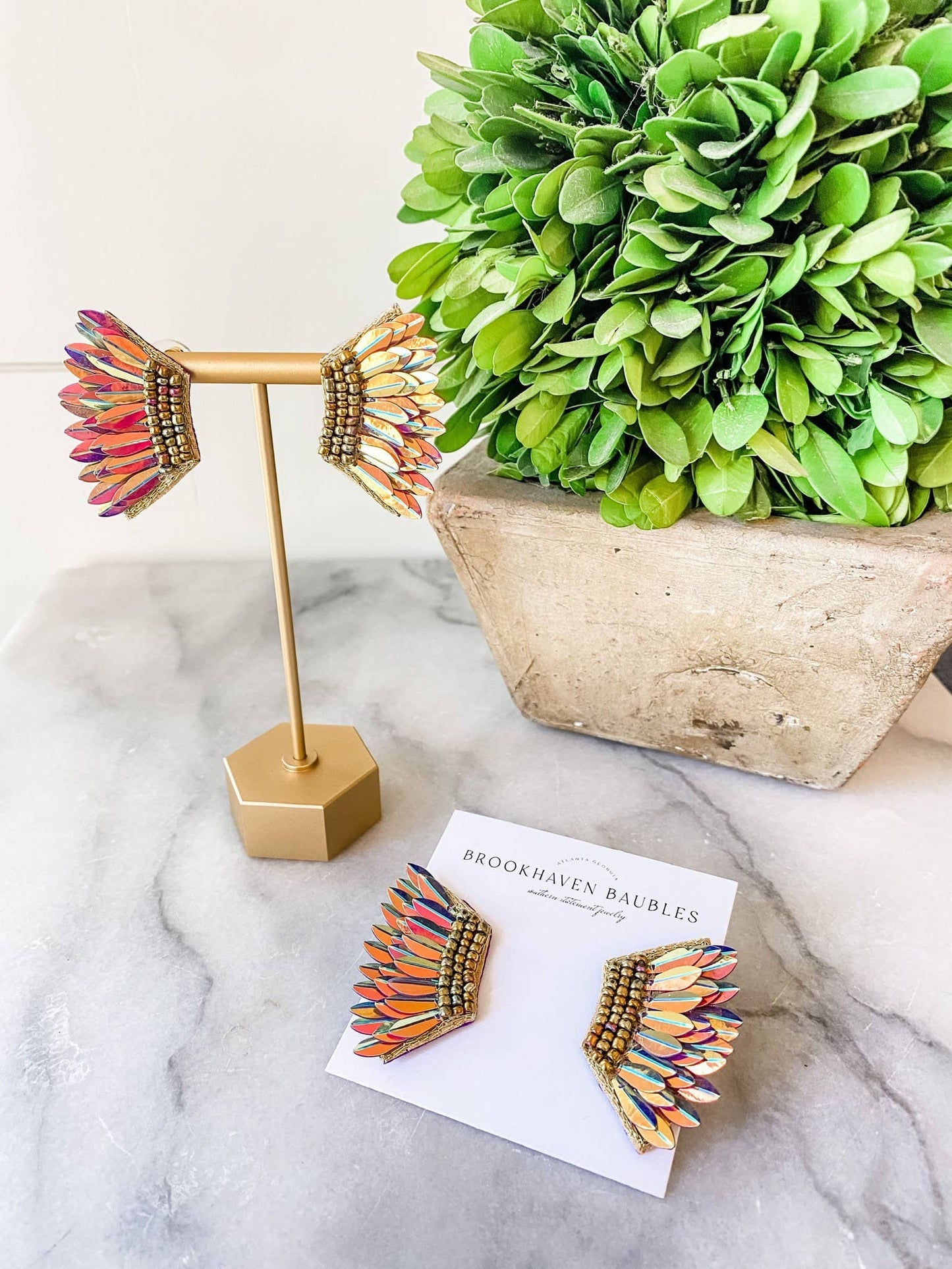 Rose Gold Iridescent Sequin Wing Beaded Statement Earrings