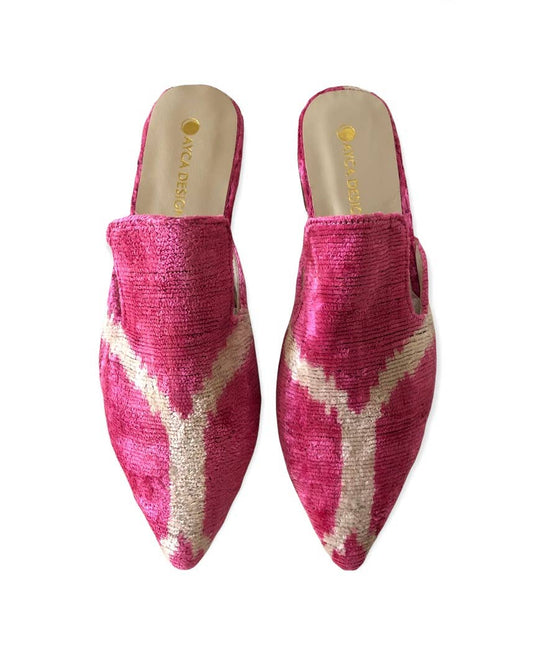 Silk Velvet Ikat Point Toe Slide- Pink