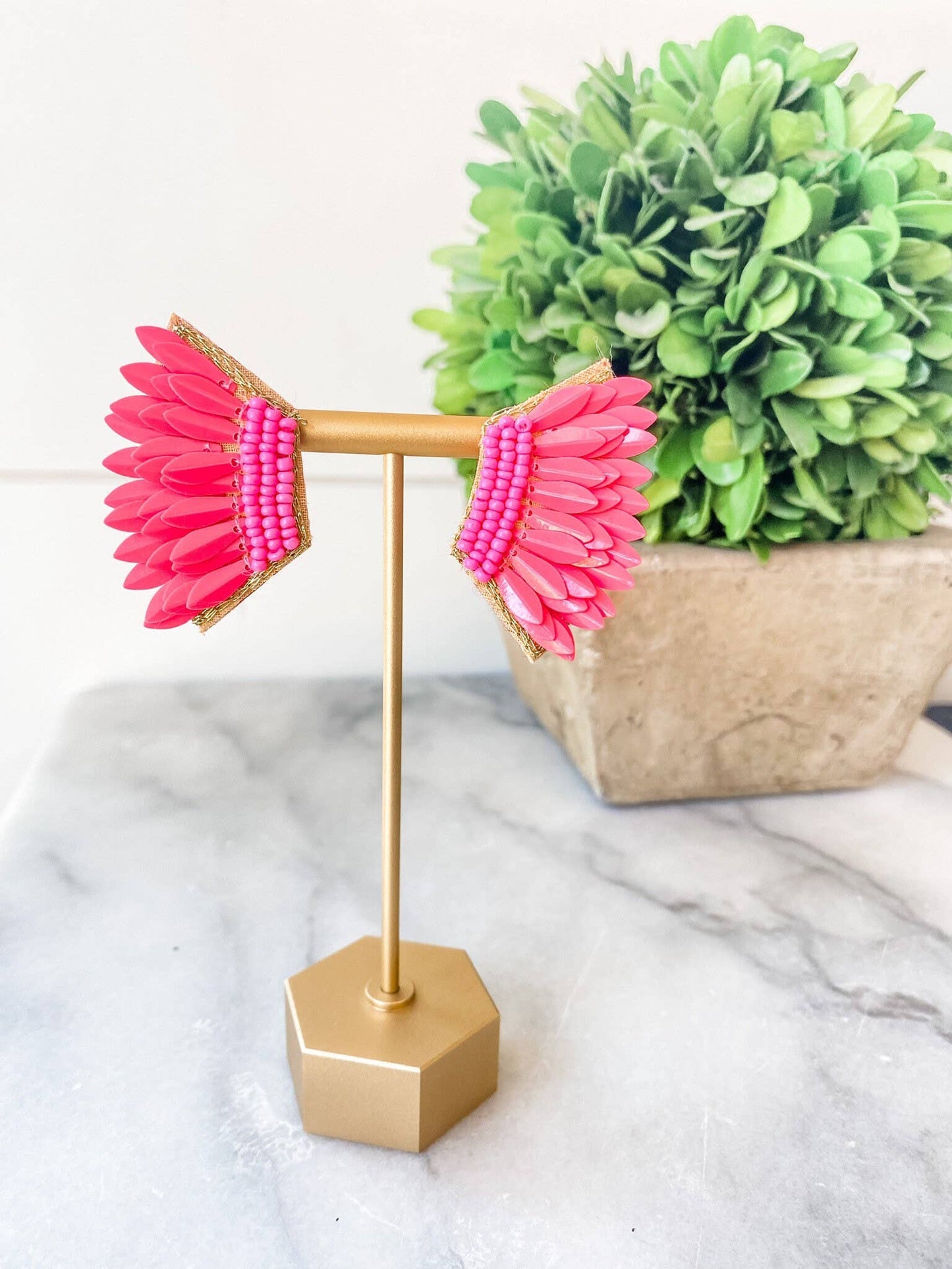 Bright Pink Sequin Wing Beaded Statement Earrings