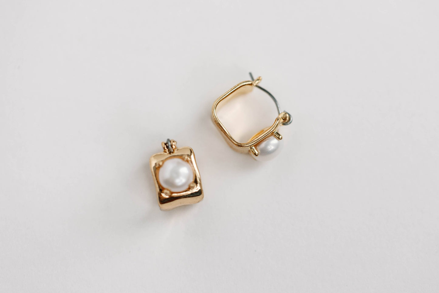 Vintage Mini Square Gold Pearl Huggie Hoop Earrings