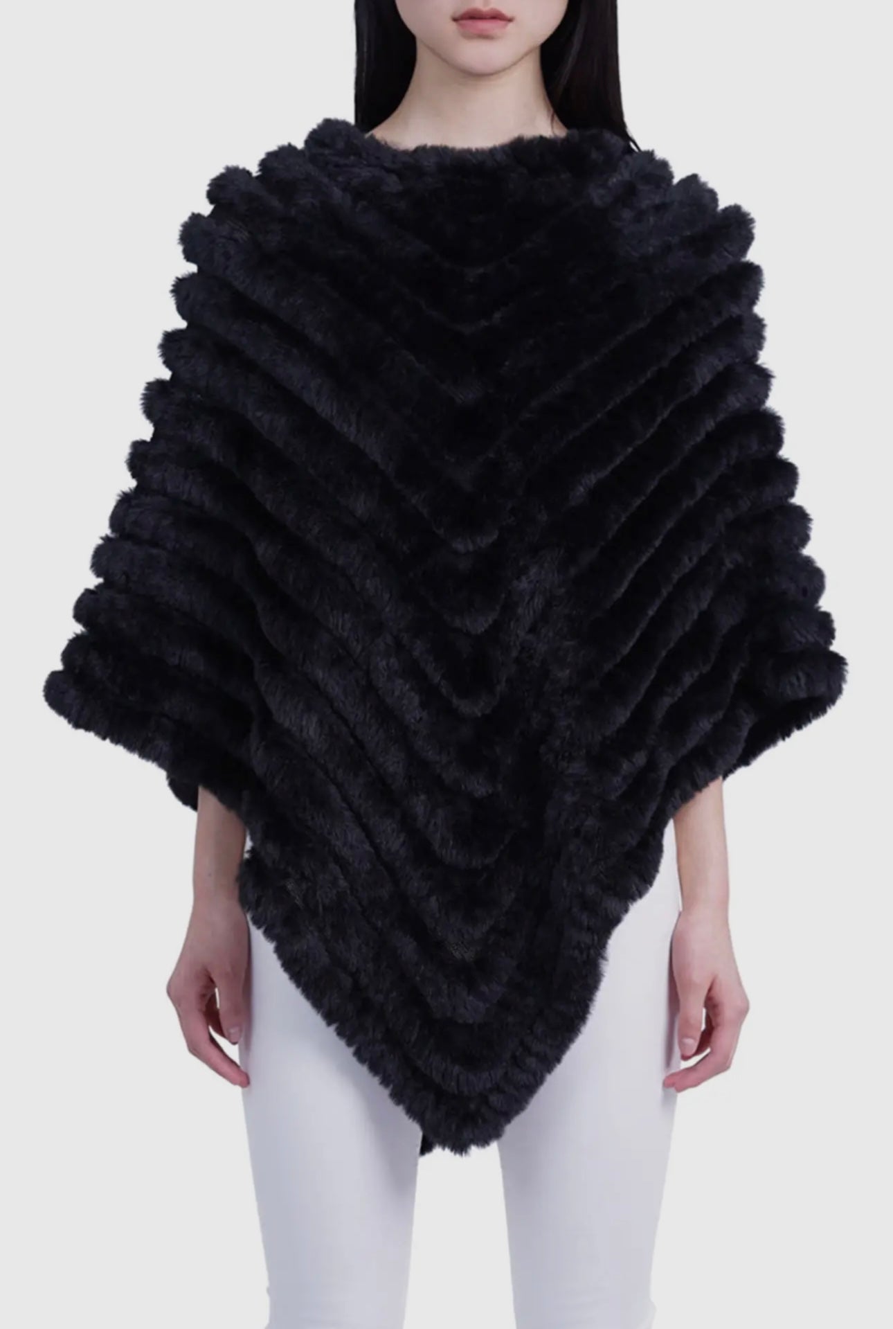 Love Token Chevron Faux-Fur & Knit Poncho Sweater- Black