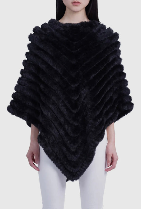 Love Token Chevron Faux-Fur & Knit Poncho Sweater- Black