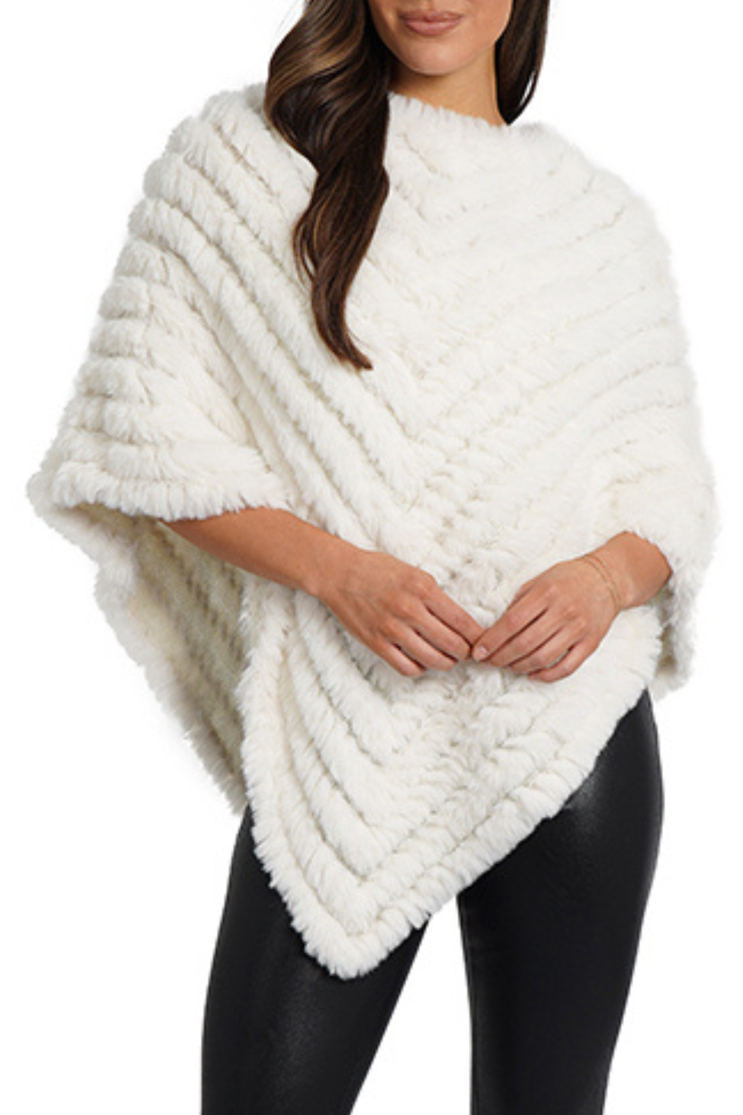 Love Token Chevron Faux-Fur & Knit Poncho Sweater- Ivory