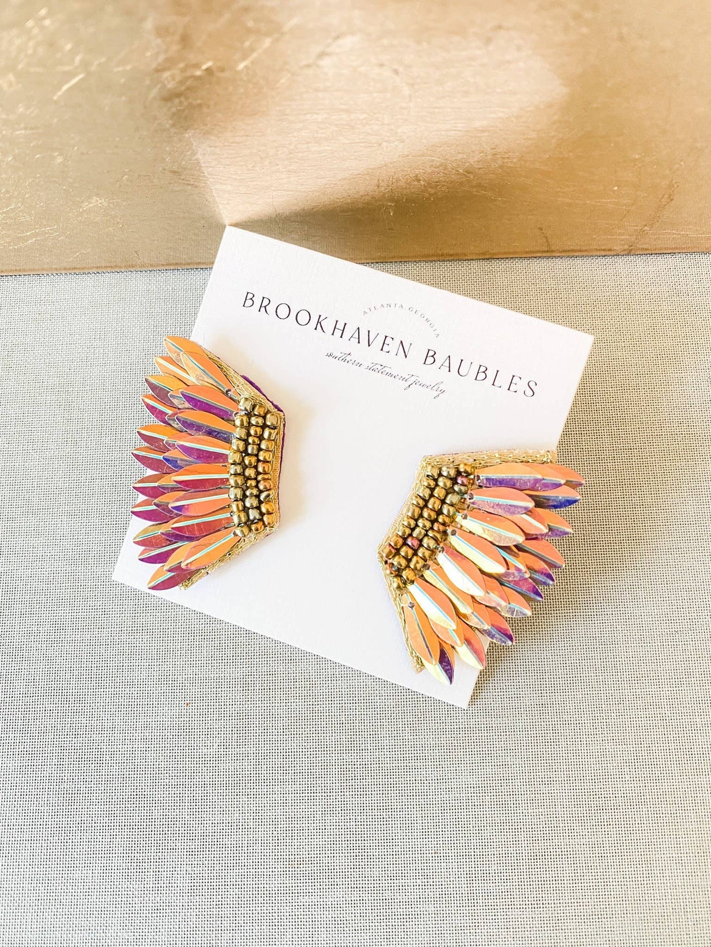 Rose Gold Iridescent Sequin Wing Beaded Statement Earrings