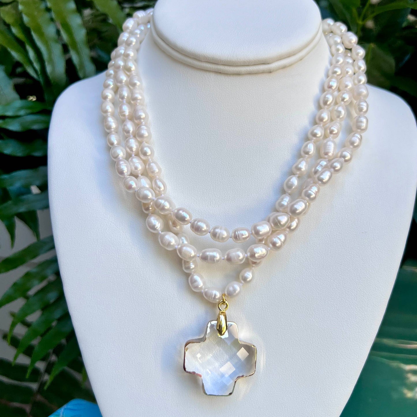 Pearl Triple Strand + Cross Pendant Necklace