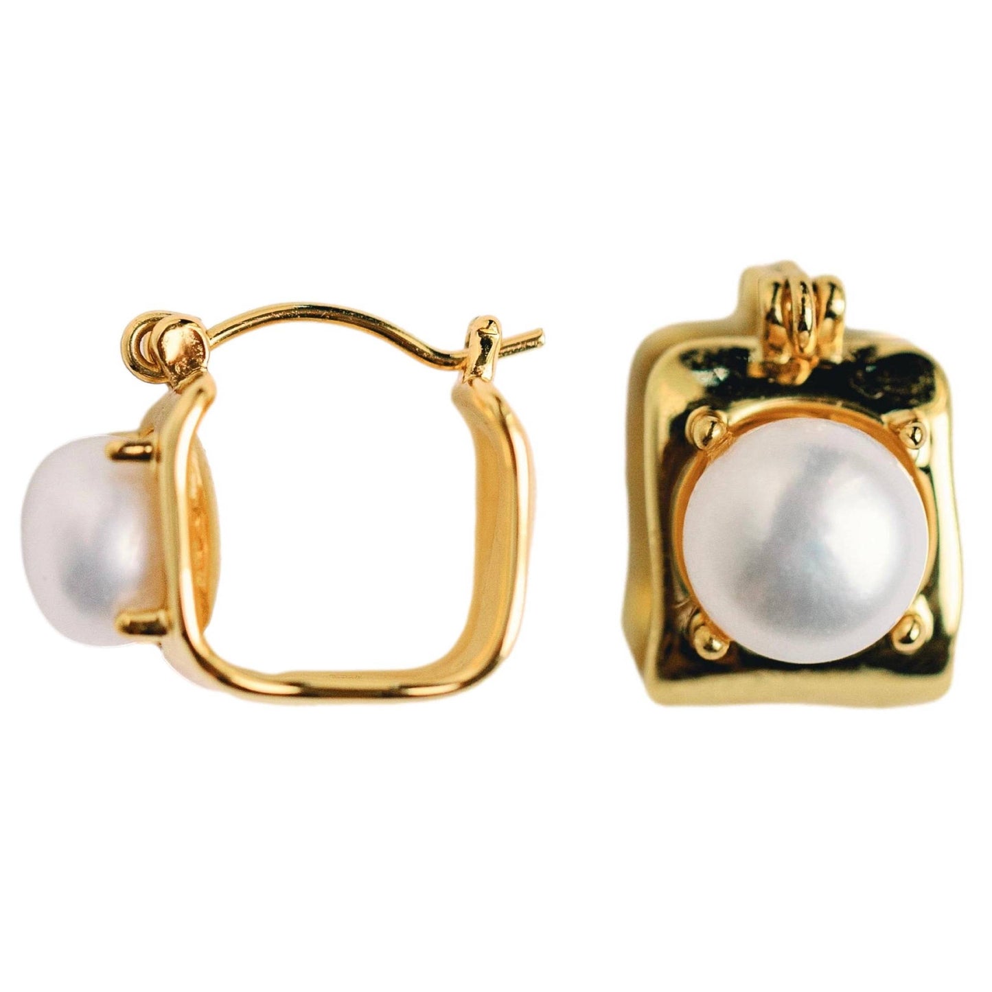 Vintage Mini Square Gold Pearl Huggie Hoop Earrings