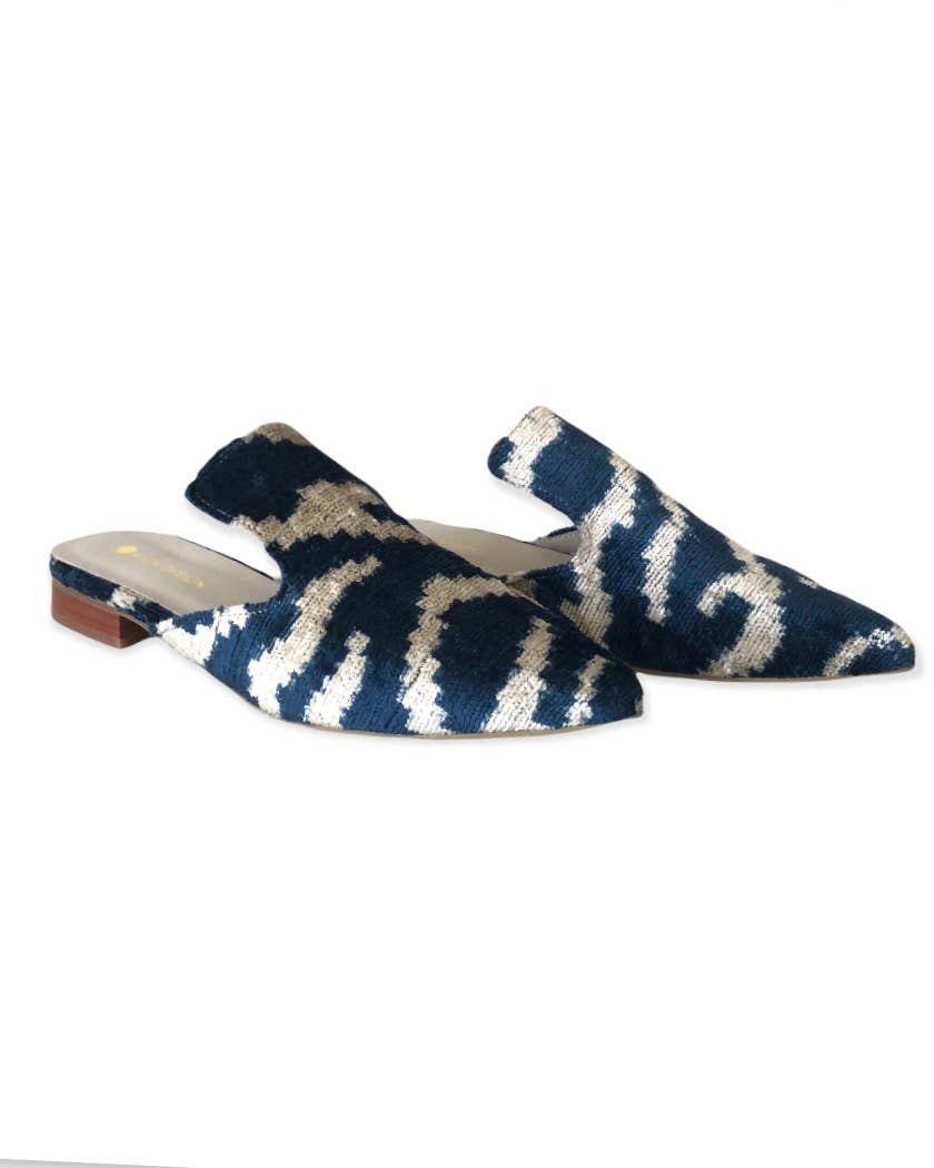 Silk Velvet Ikat Point Toe Slide-Navy