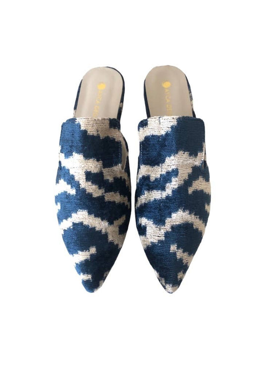 Silk Velvet Ikat Point Toe Slide-Navy